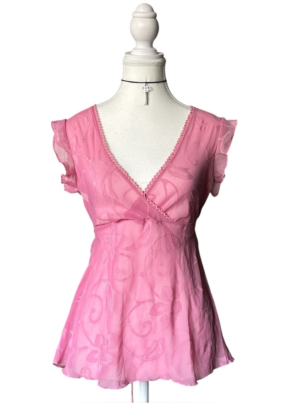 Y2K Coquette “Fairweather” Pink Paisley Embroidered Sheer Babydoll Top